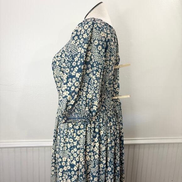 Wayward Fancies eShakti 3X 24W Dress Floral Teal Cream Smocked Peasant Cottage - Picture 14 of 15